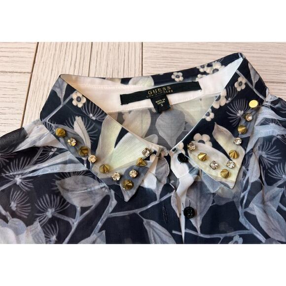 Guess poly button down embellished collar semi sheer floral print shirt. Sz S - Picture 3 of 6